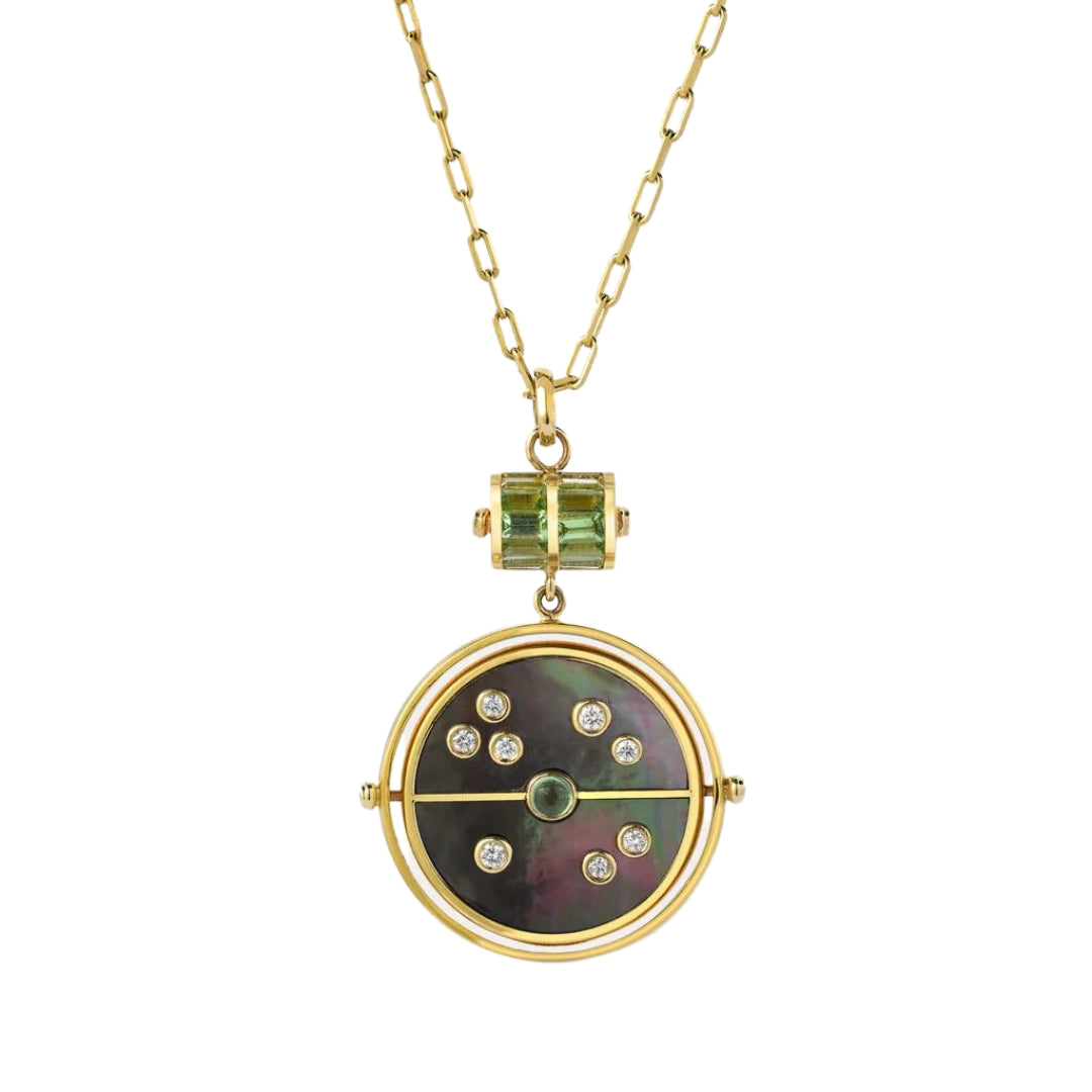 Dark Mother of Pearl & Mint Garnet Grandfather Compass Pendant