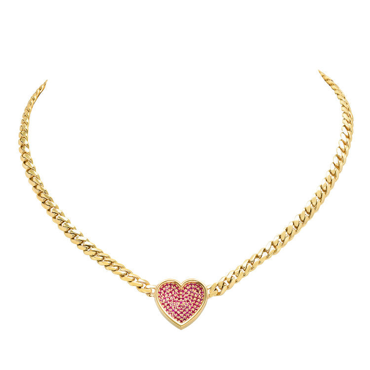 Ruby Heart on Thick Chain Necklace