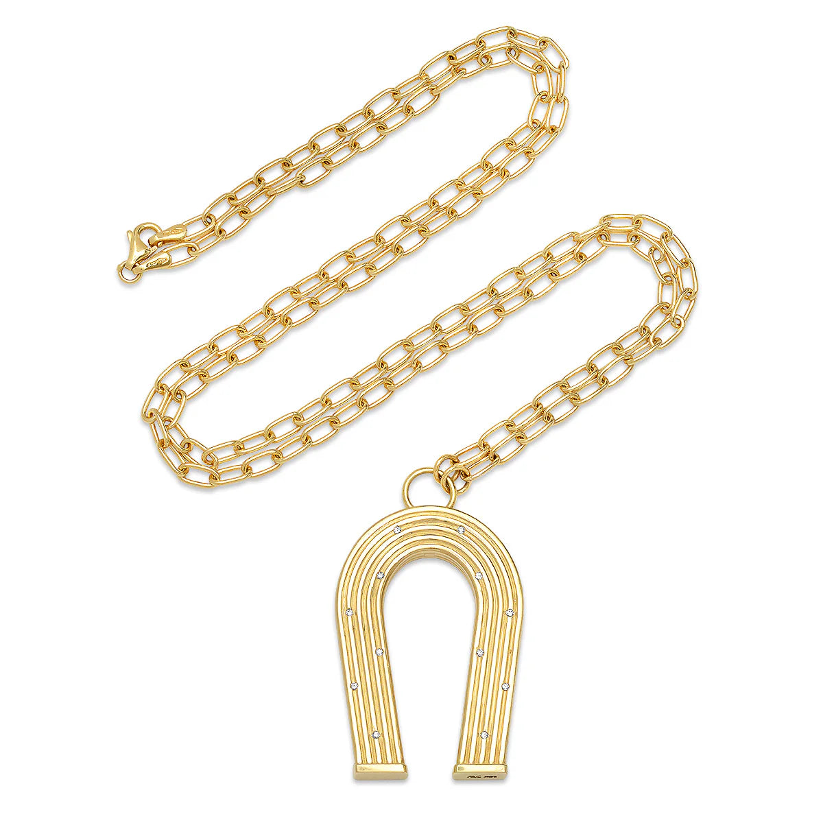 14K Yellow Gold and Diamond Reeded Horseshoe Necklace