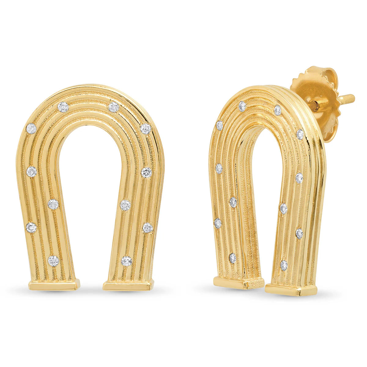 14K Yellow Gold and Diamond Reeded Horseshoe Earrings