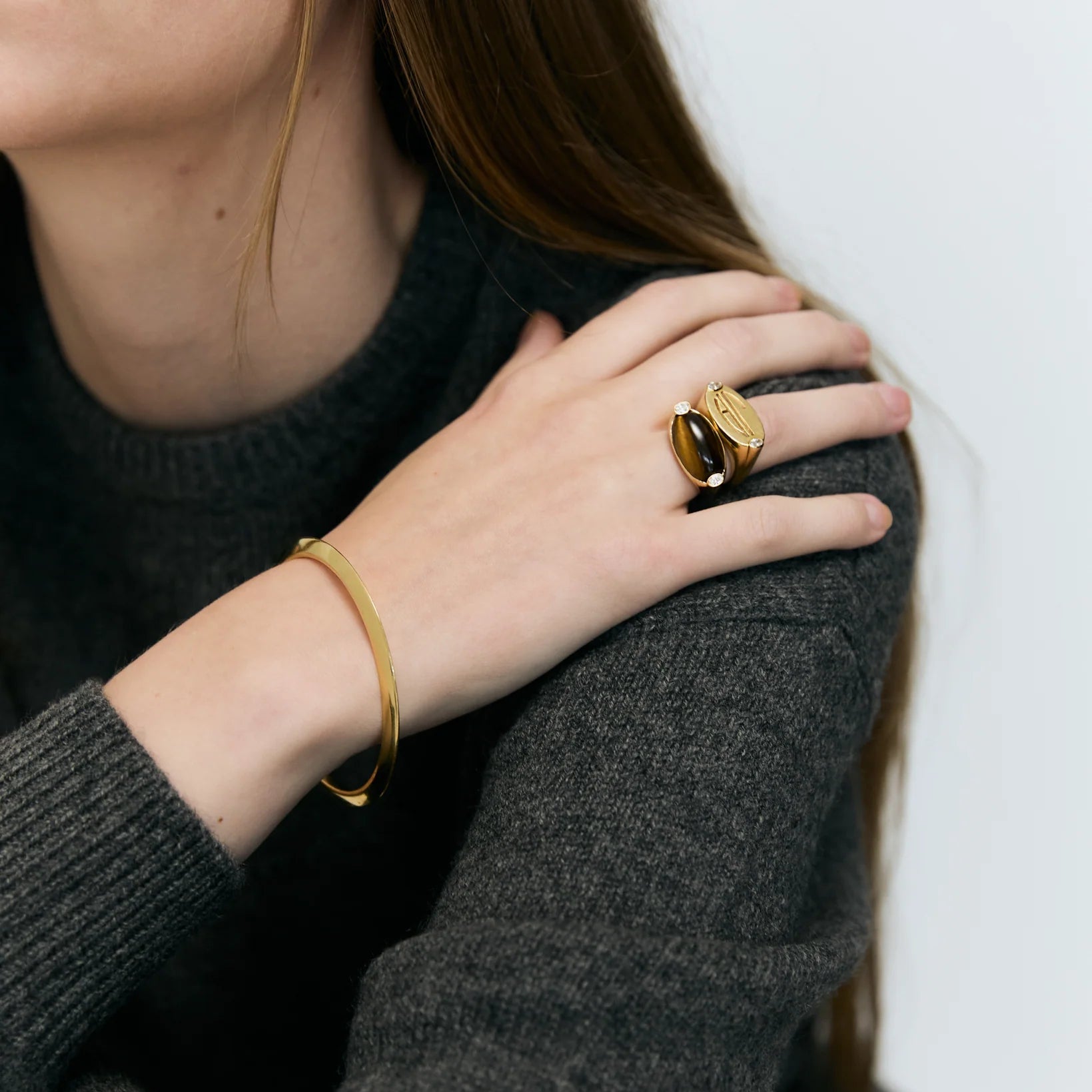 Oval Tigers Eye And Diamond Signet Ring