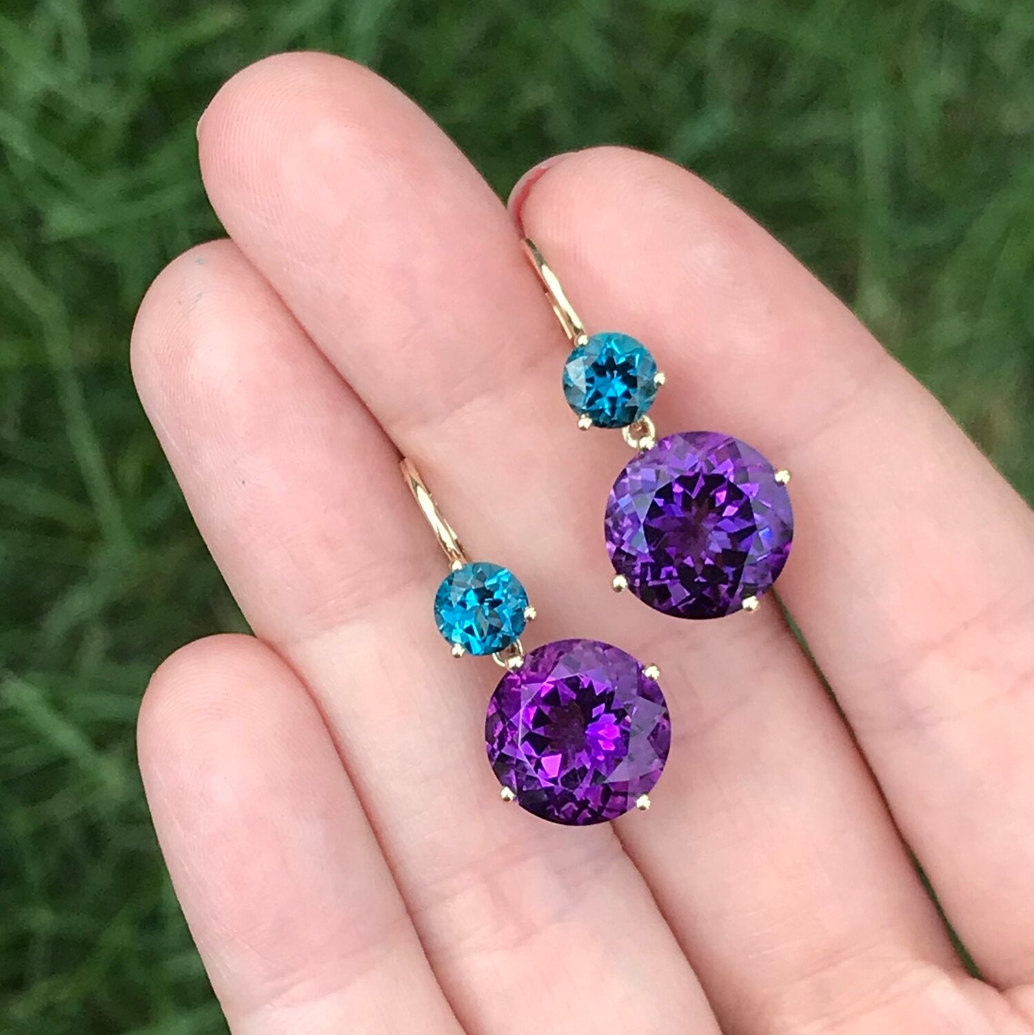 Twinkle Twinkle Large Double Drop Earrings with Dark Amethyst and London Blue Topaz