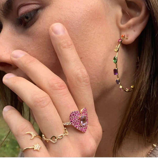 3 Initial Bezel Chain Ring & Tiny Hearts Ring