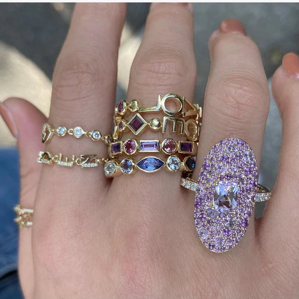 3 Initial Bezel Chain Ring & Tiny Hearts Ring