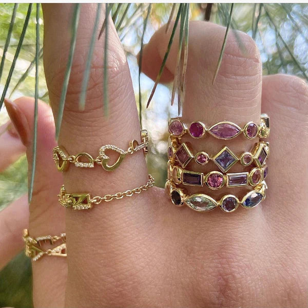 3 Initial Bezel Chain Ring & Tiny Hearts Ring