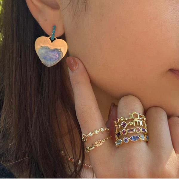 3 Initial Bezel Chain Ring & Tiny Hearts Ring