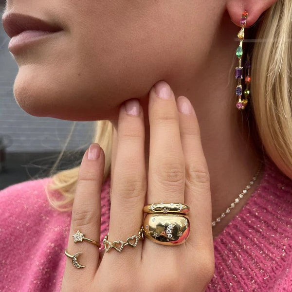 3 Initial Bezel Chain Ring & Tiny Hearts Ring