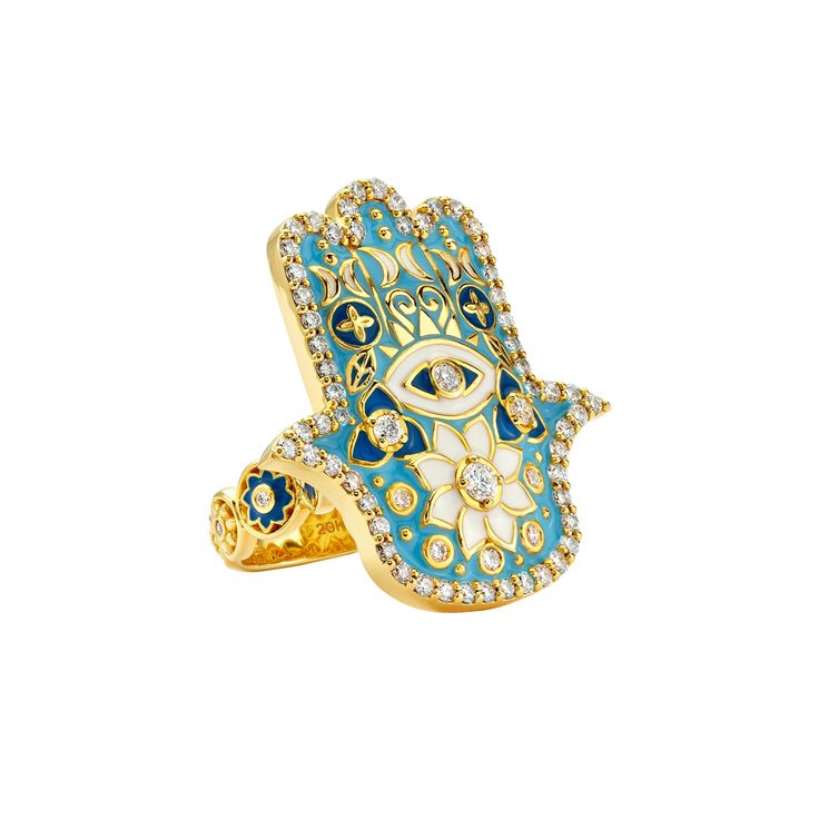 Sky Blue Enamel Hamsa Ring