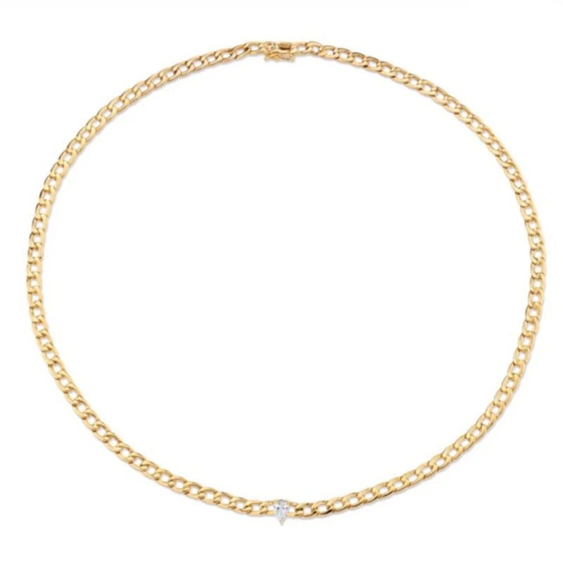 Chain Link Choker With Pear Diamond Center