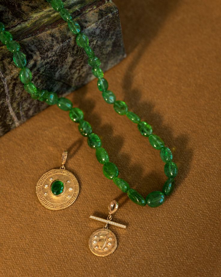 Greek Pattern & Emerald Large Coin Charm