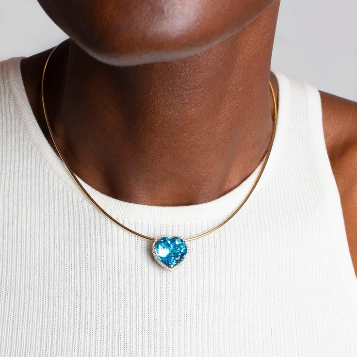 Swiss Blue Topaz Heart Button Pendant on Omega Chain