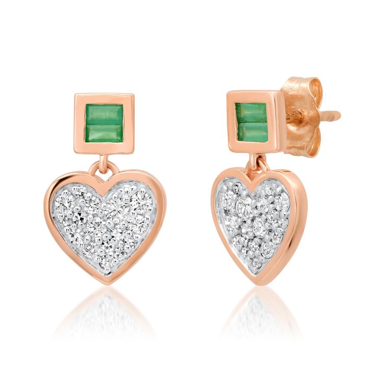 Diamond and Emerald Small Sweetheart Earrings