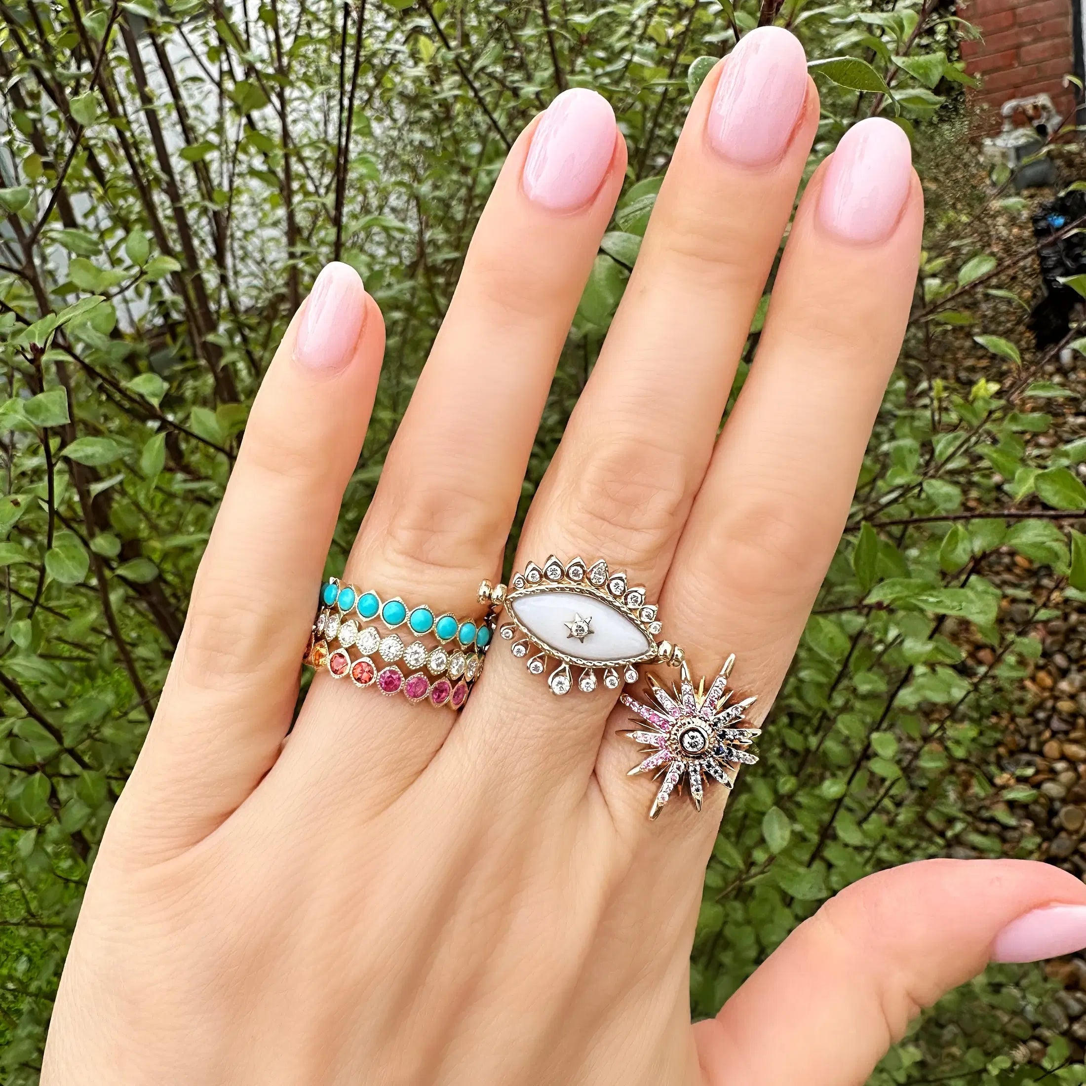 Bejeweled Evil Eye and White Agate Flip Ring