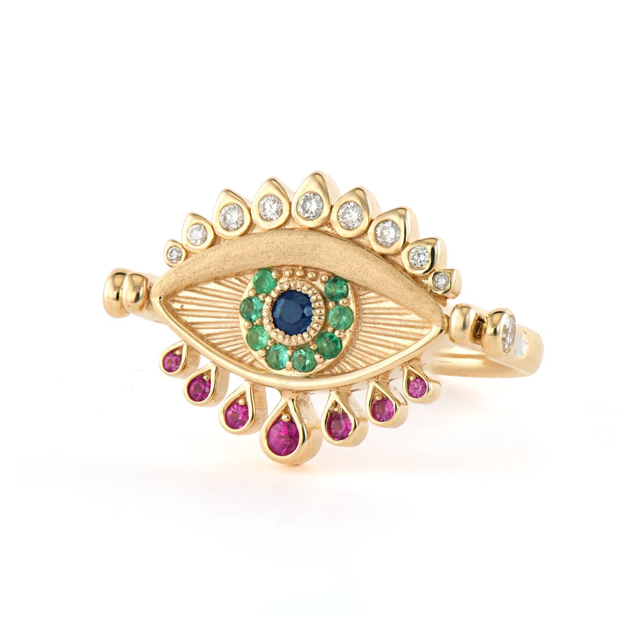 Bejeweled Evil Eye and White Agate Flip Ring