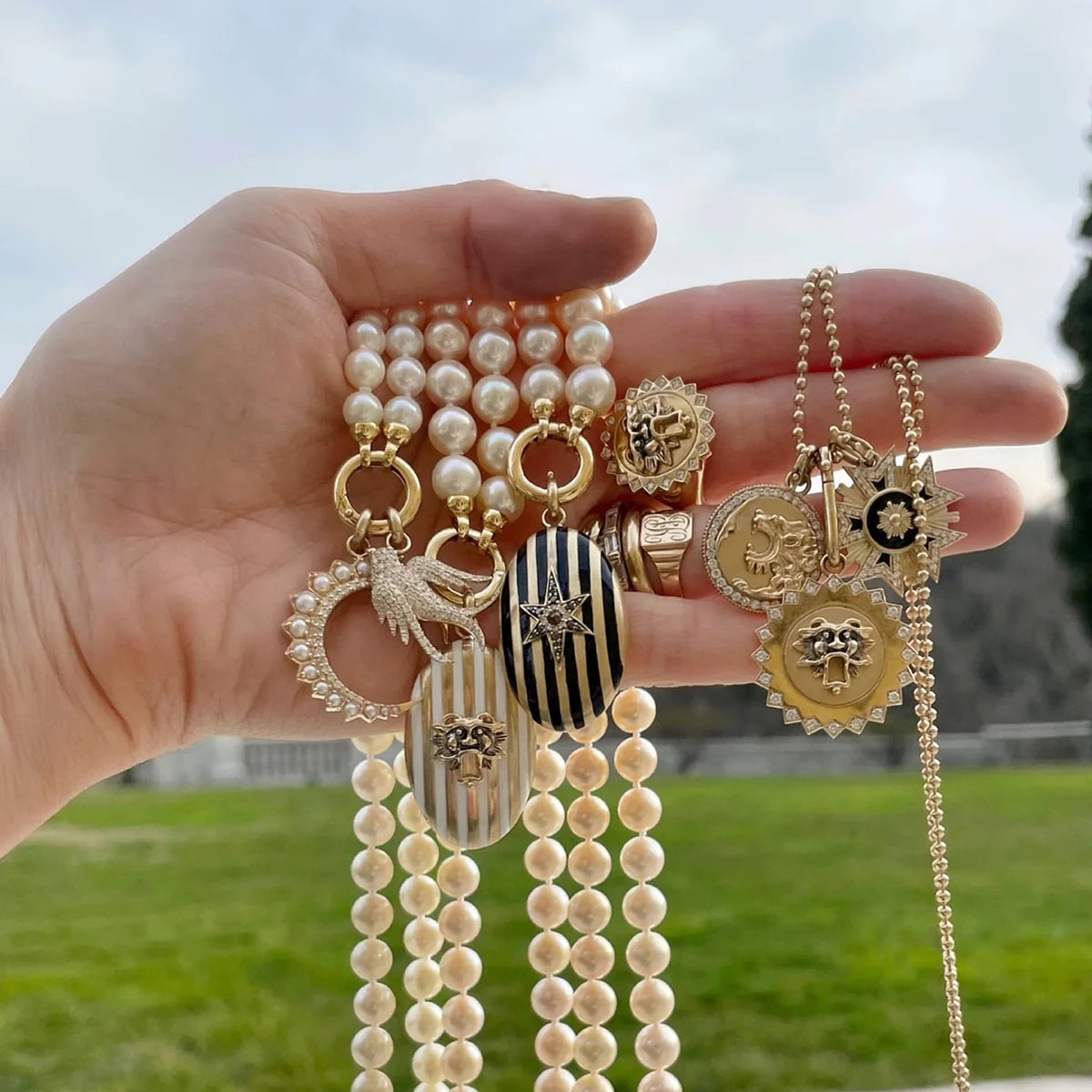 14K Gold Diamond & Pearl Crescent Moon Estelle Charm