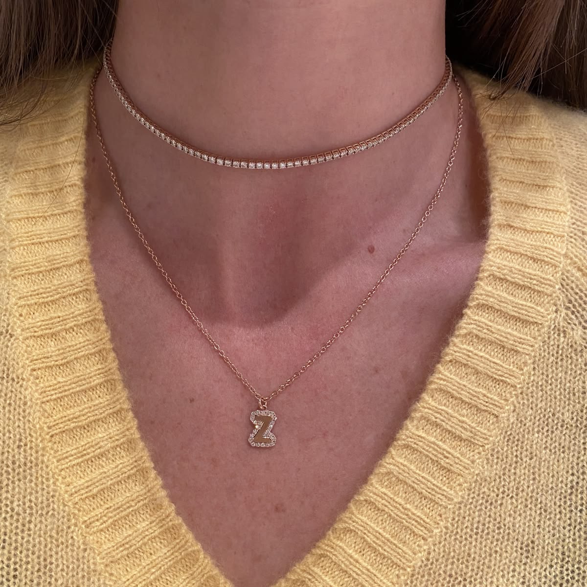 Large Bubble Initial Charm with Pave Outline Necklace