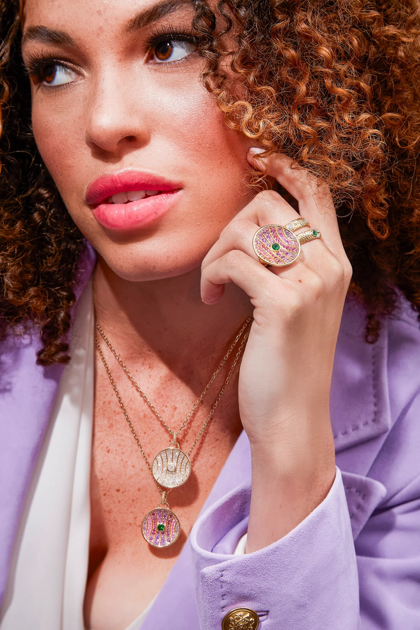 Revel Large Dimensional Pendant - Tsavorite, Amethyst, Rhodolite Garnet & Pink Sapphire