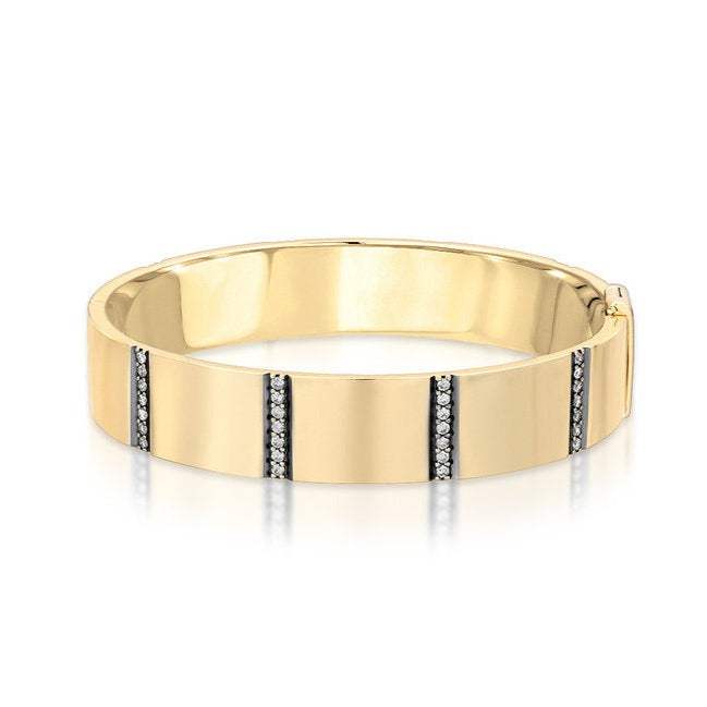 Gold Bangle With Black Ruthenium Bevel Trim And Diamonds