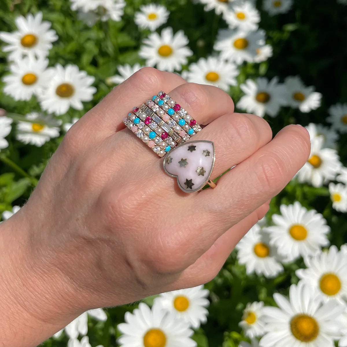 14K Gold Turquoise Diamond & Pearl Iris Ring