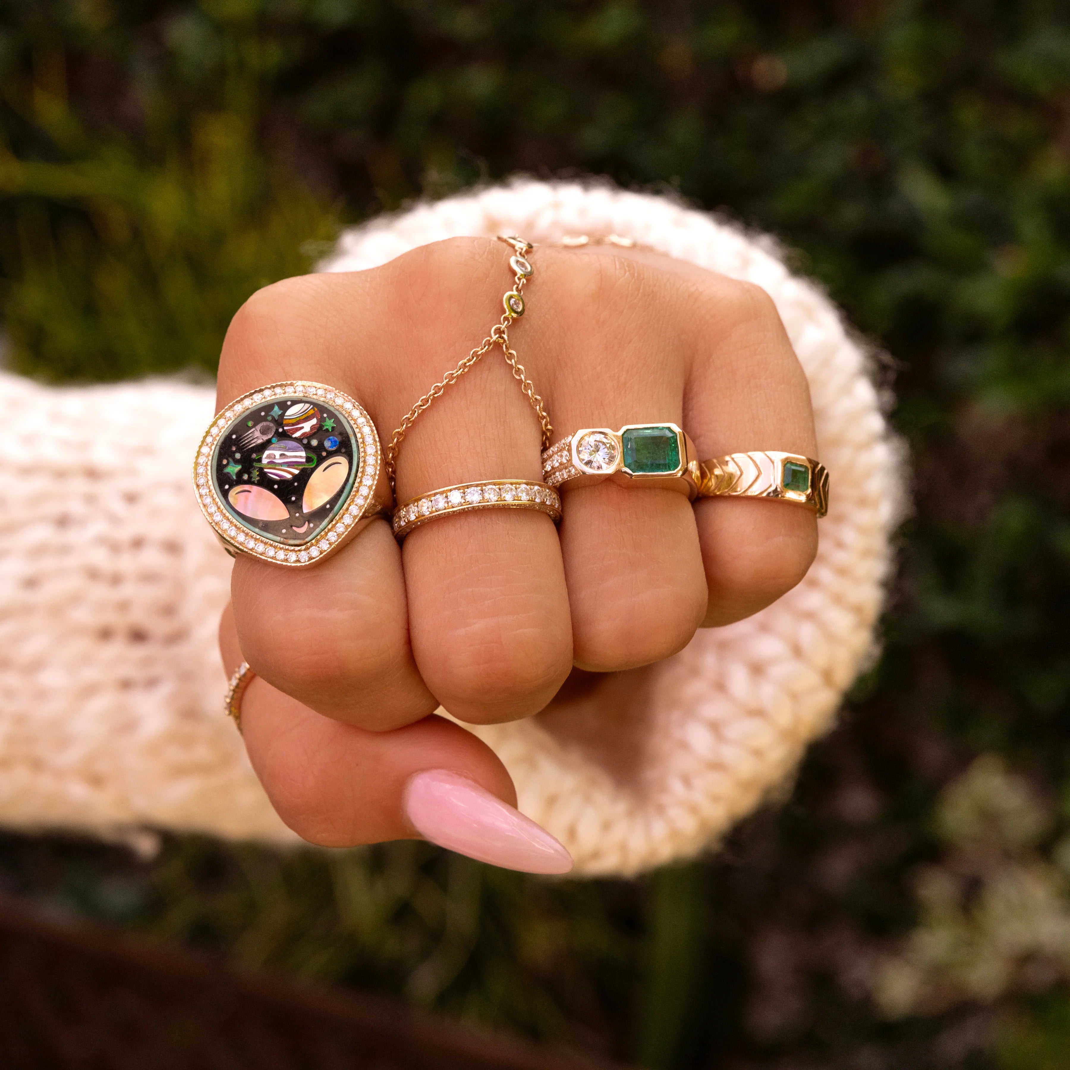 Pave Onyx & Pearl Alien Galaxy Inlay Ring