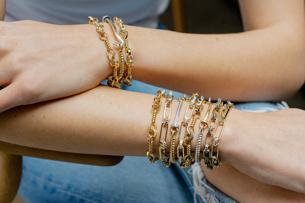 Gold Twist Bar Link Bracelet With Silver Links And Black Diamonds