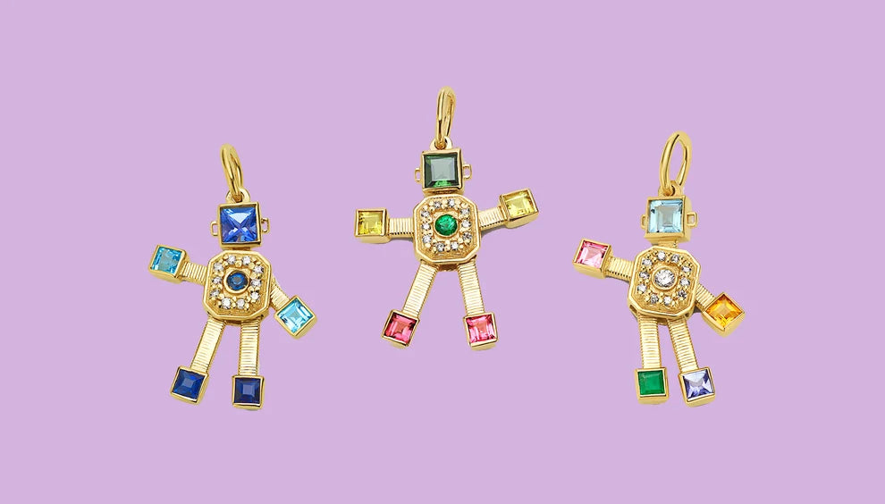 Disco Heart Van Robot Mini Pendant Diamond Emerald Tourmaline