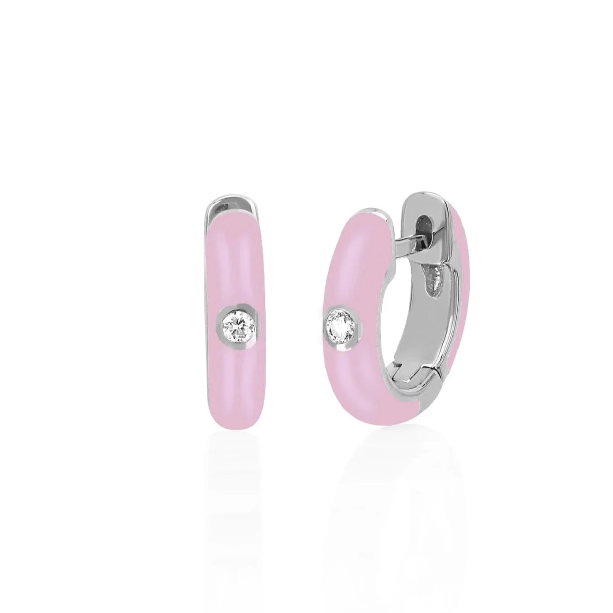 Diamond & Pink Enamel Huggies