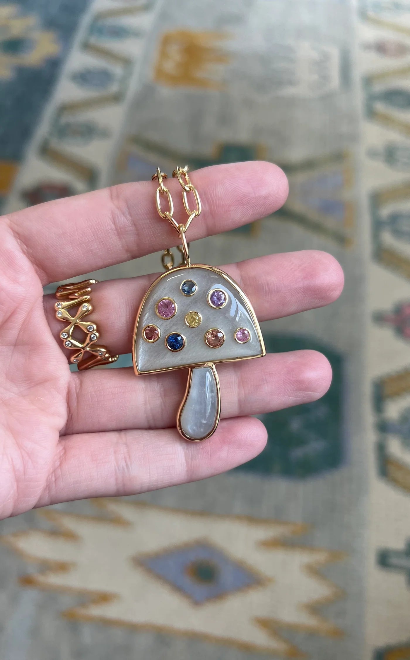 Large Grey Moonstone Magic Mushroom Pendant w/ Sapphires on 18" Chain