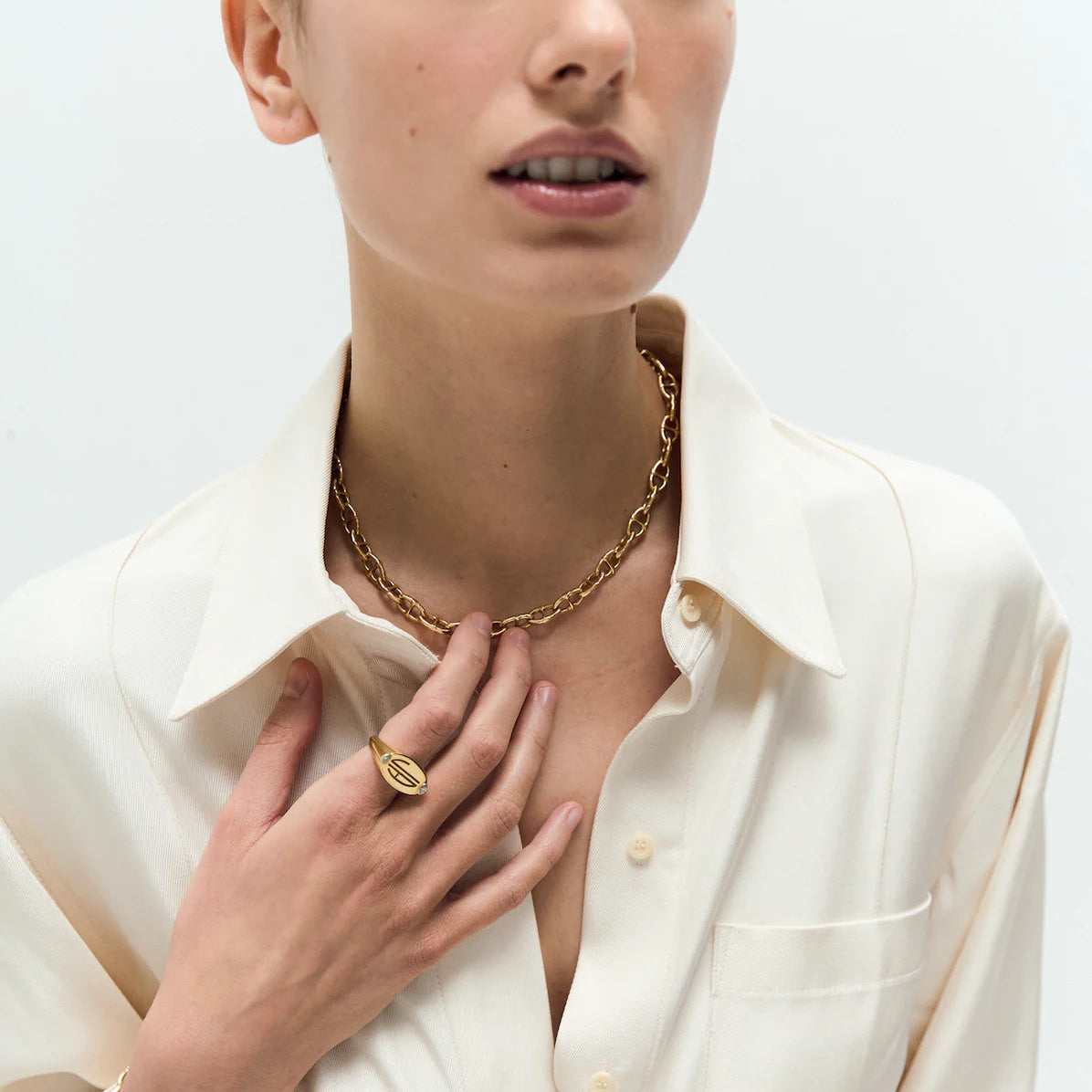 Oval 18K Signet Ring With Diamonds