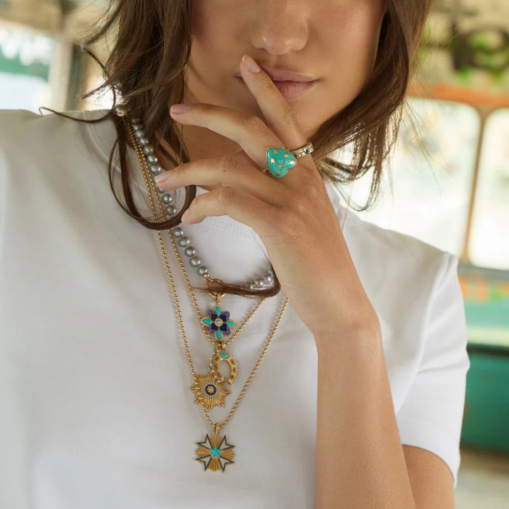 14K Gold Turquoise Blue Sapphire & Pearl Holly Horseshoe Charm