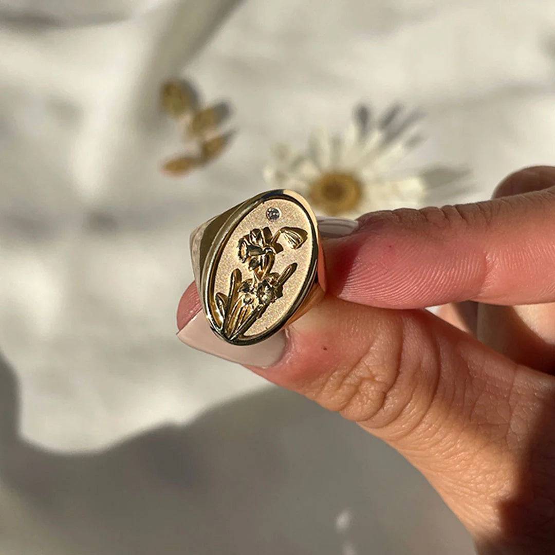 March Birth Flower Signet Ring