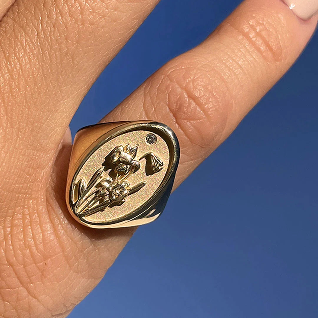 March Birth Flower Signet Ring