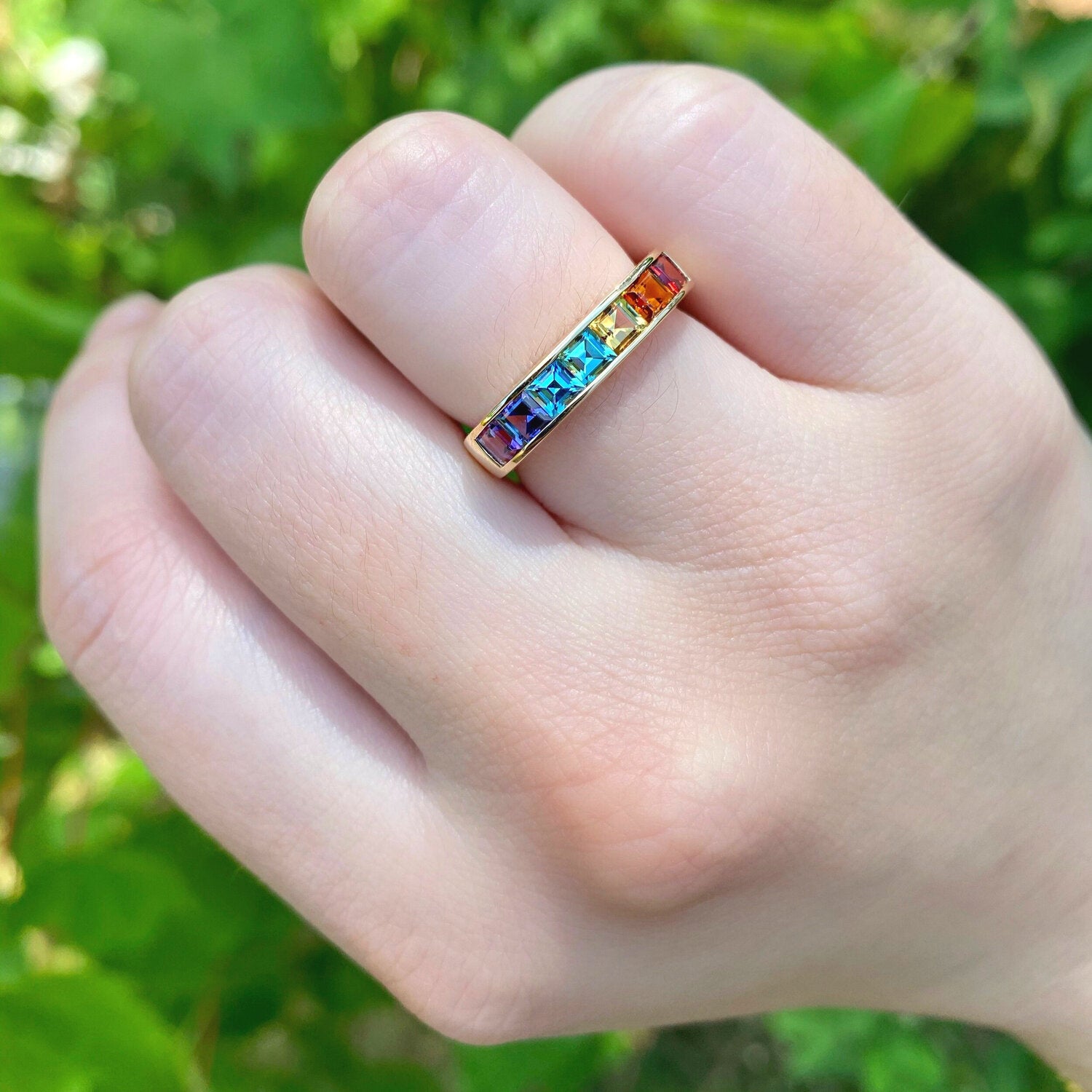 Cirque Large Square Stacking Band with Rainbow Gemstones