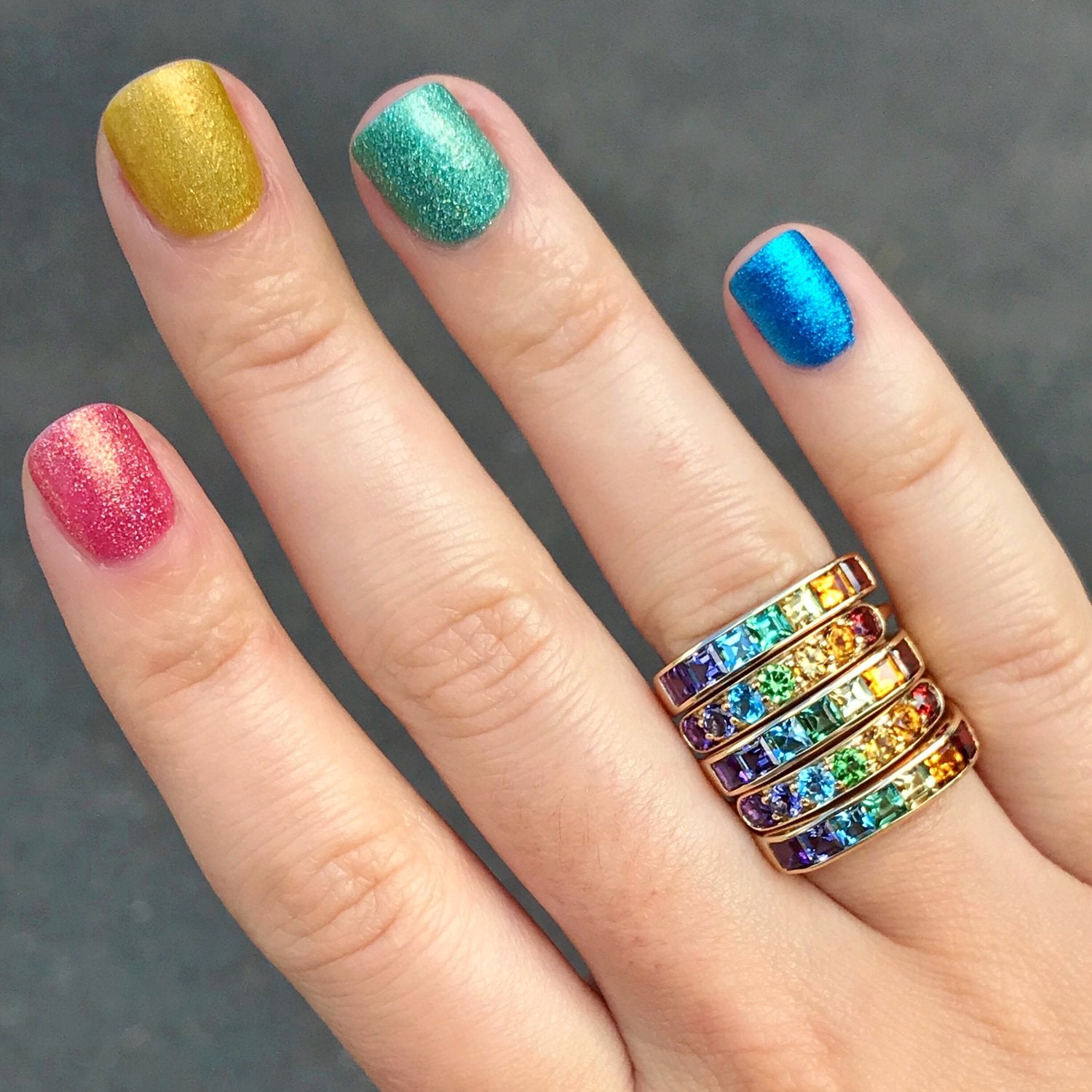 Cirque Large Square Stacking Band with Rainbow Gemstones