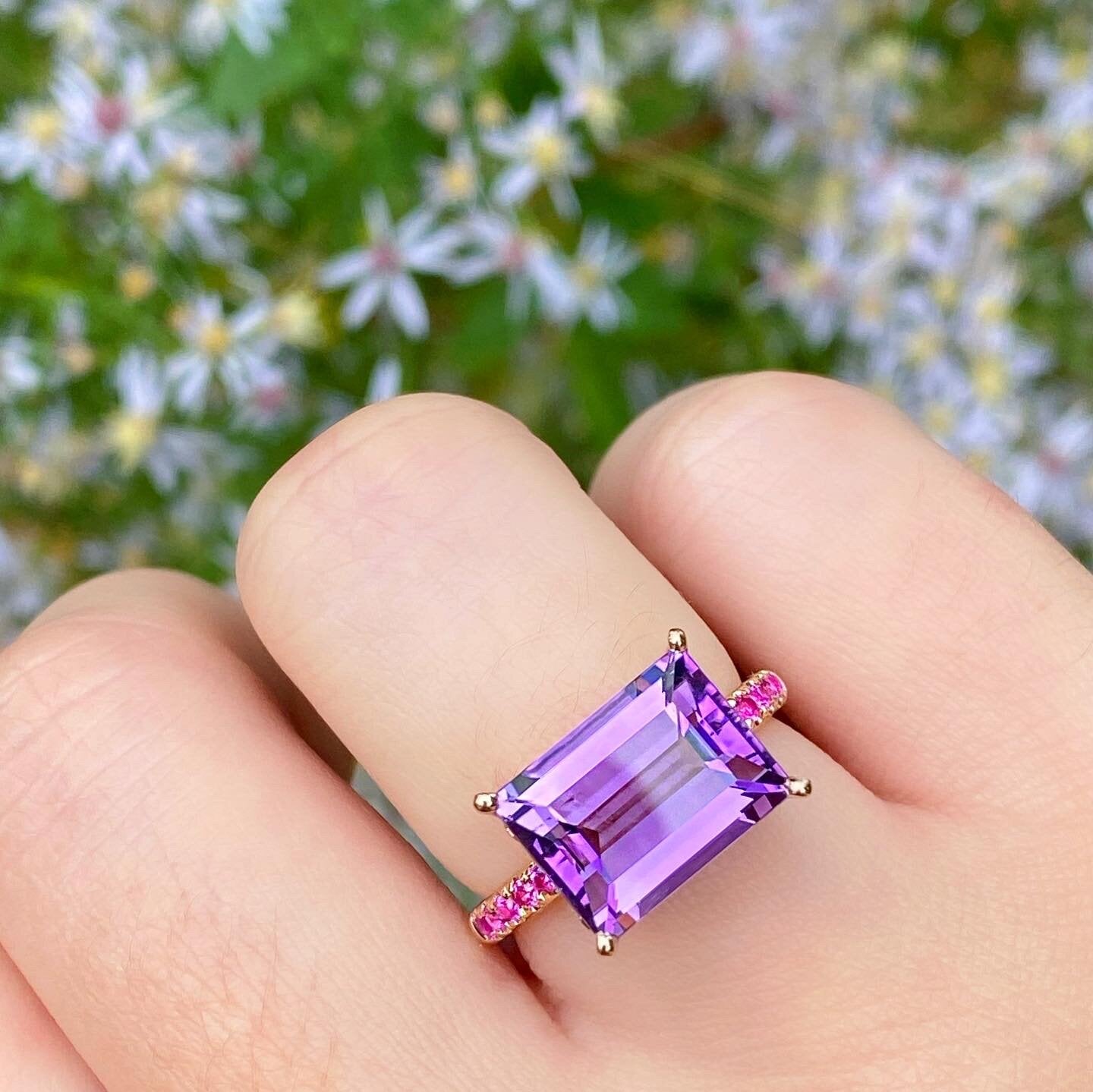 Cirque Baguette Solitaire Pavé Band Ring with Amethyst and Hot Pink Sapphire