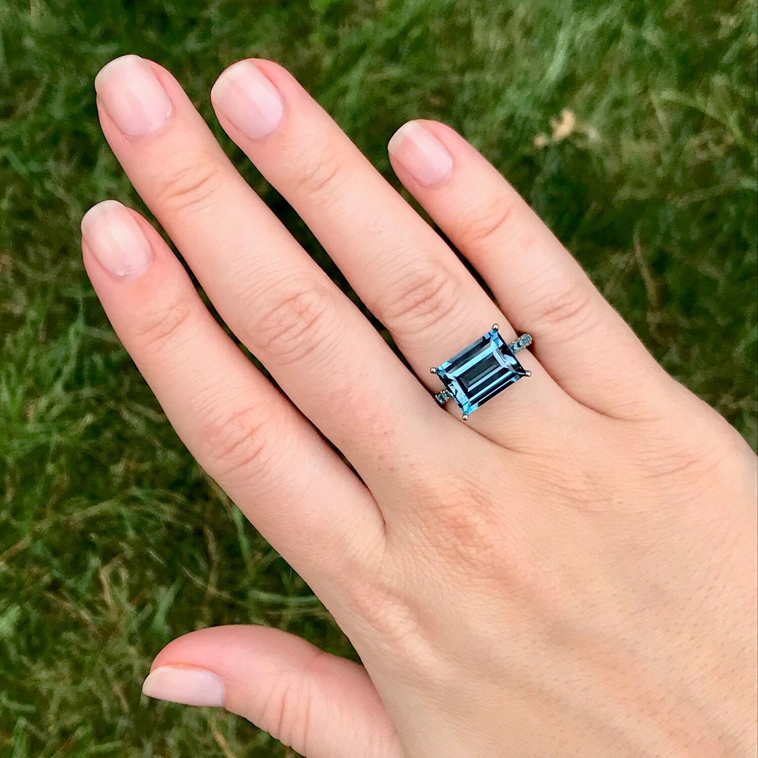 Cirque Baguette Solitaire Pavé Band Ring with London Blue Topaz and Blue Diamonds