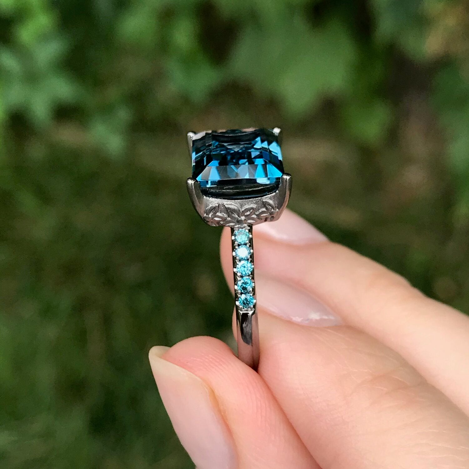 Cirque Baguette Solitaire Pavé Band Ring with London Blue Topaz and Blue Diamonds