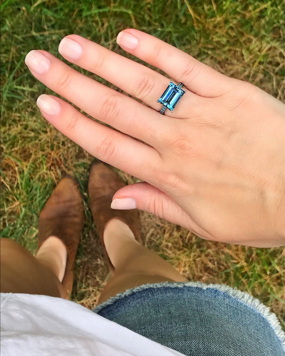 Cirque Baguette Solitaire Pavé Band Ring with London Blue Topaz and Blue Diamonds