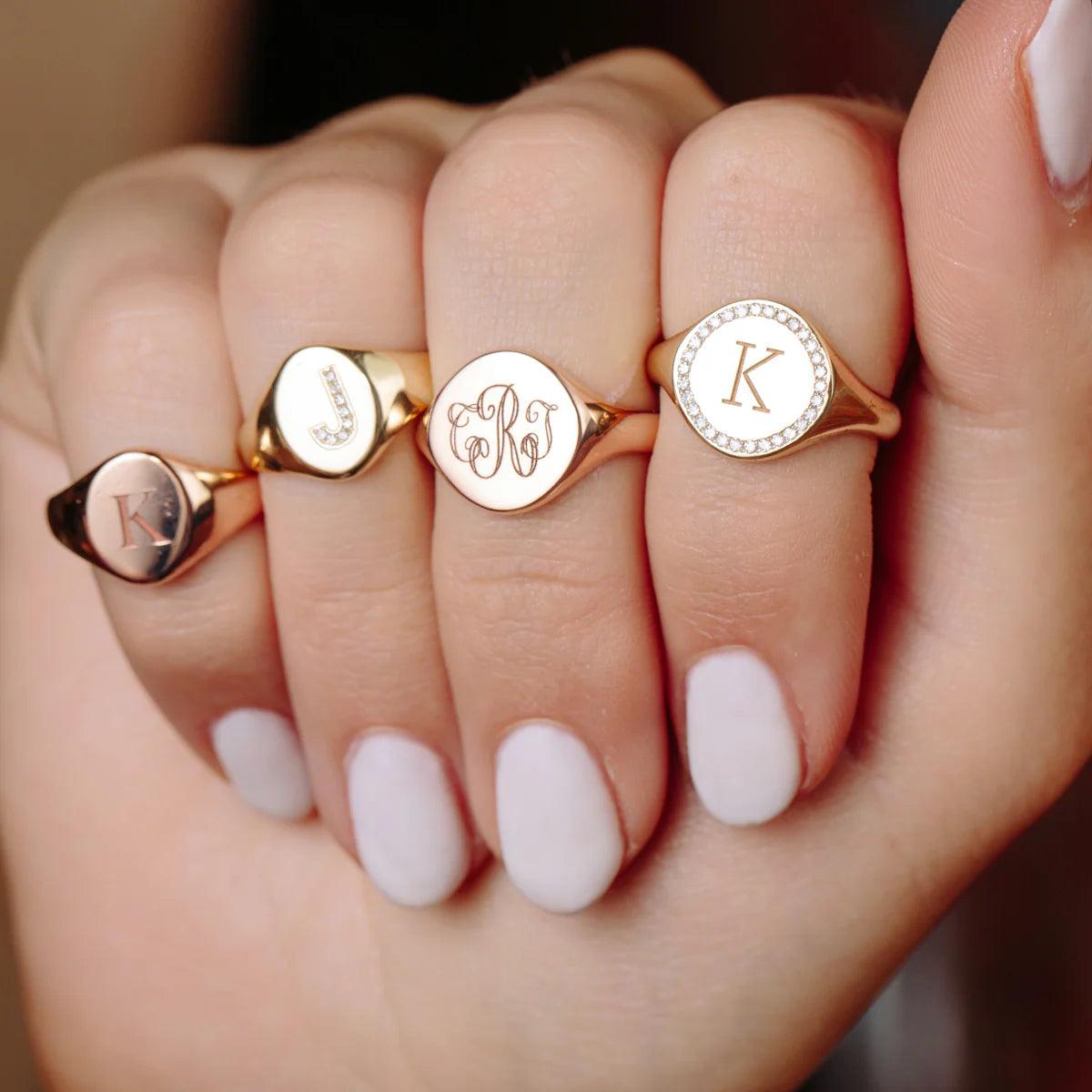 14k Pavé Diamond Initial Oval Signet Ring