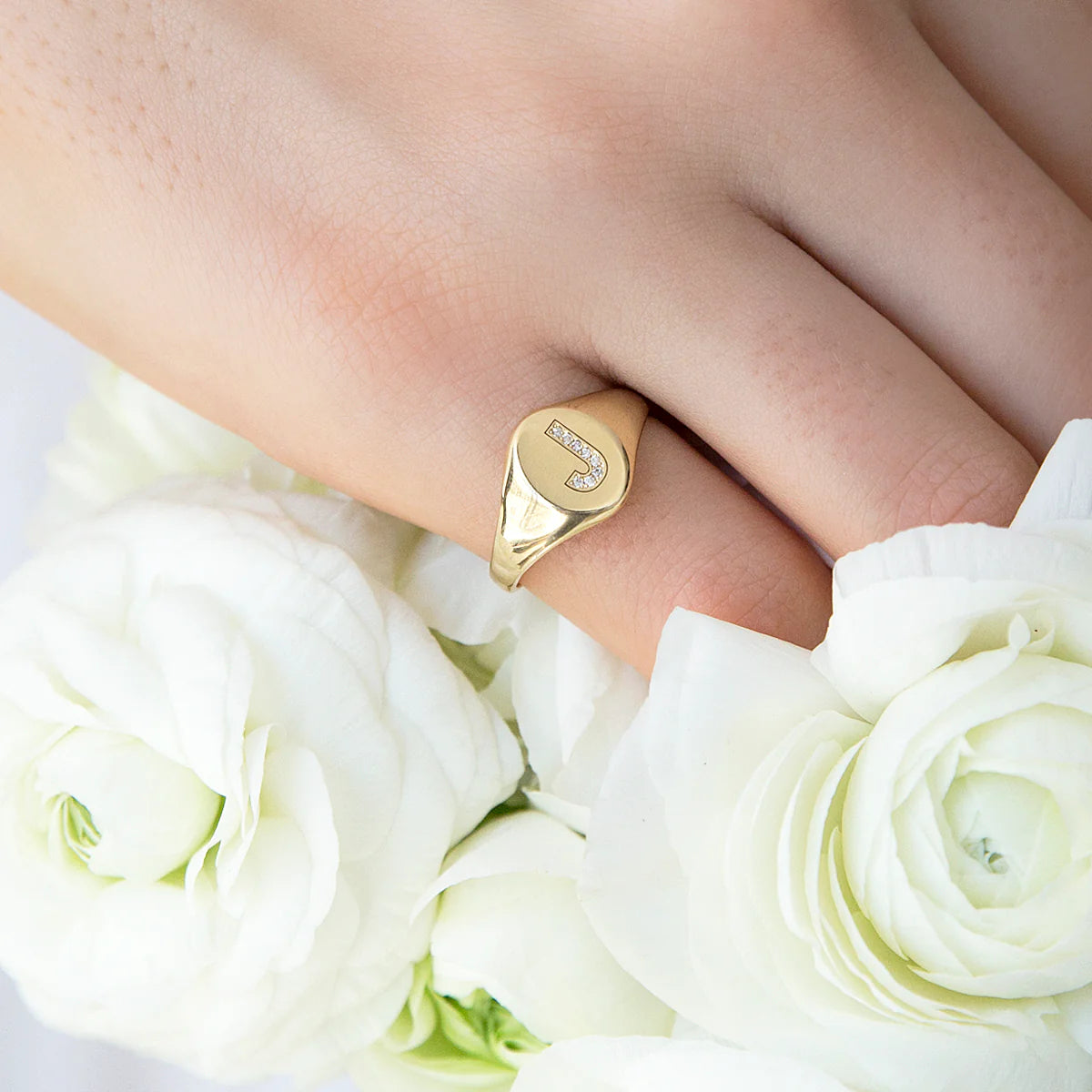 14k Pavé Diamond Initial Oval Signet Ring