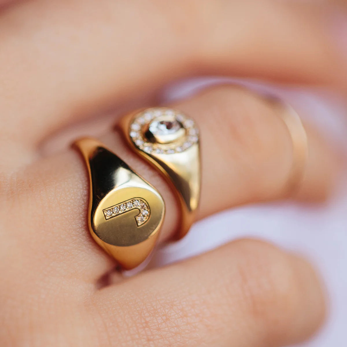14k Pavé Diamond Initial Oval Signet Ring