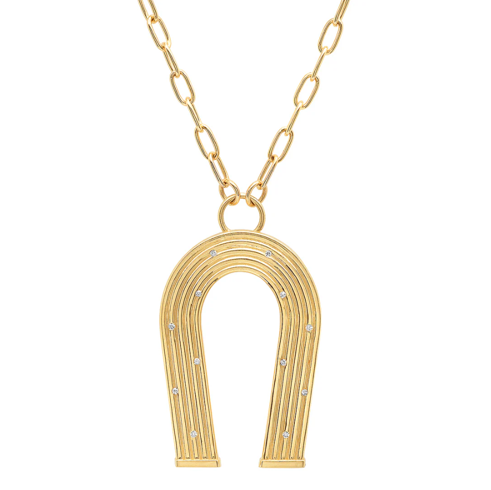 14K Yellow Gold and Diamond Reeded Horseshoe Necklace