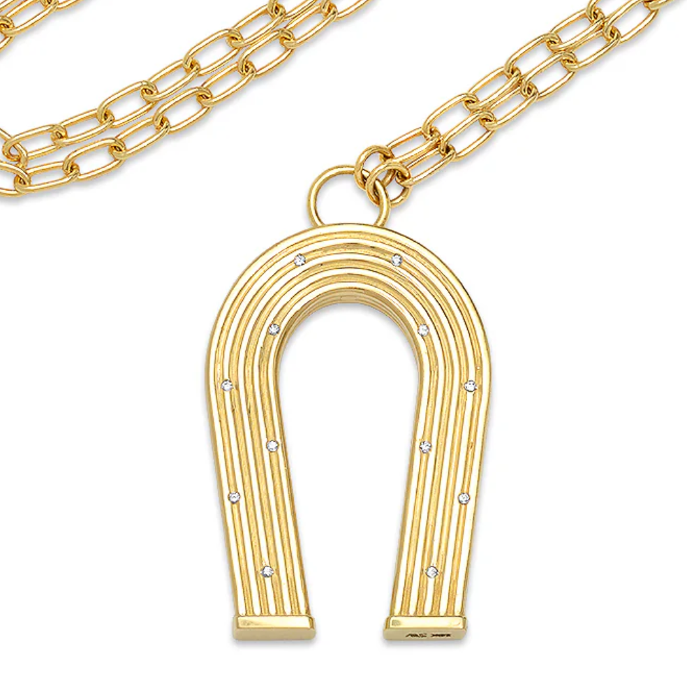 14K Yellow Gold and Diamond Reeded Horseshoe Necklace