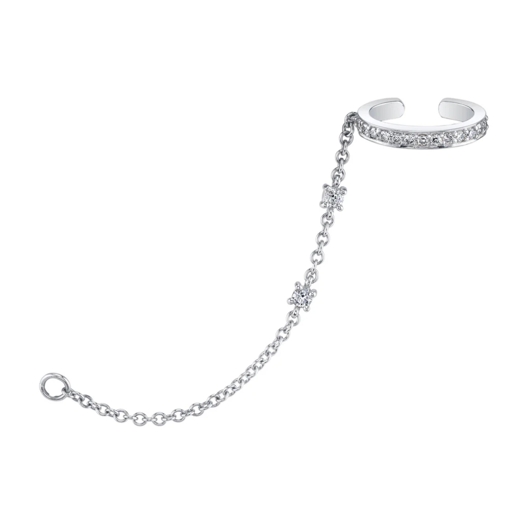 Single Row Diamond Ear Cuff With Diamond Chain