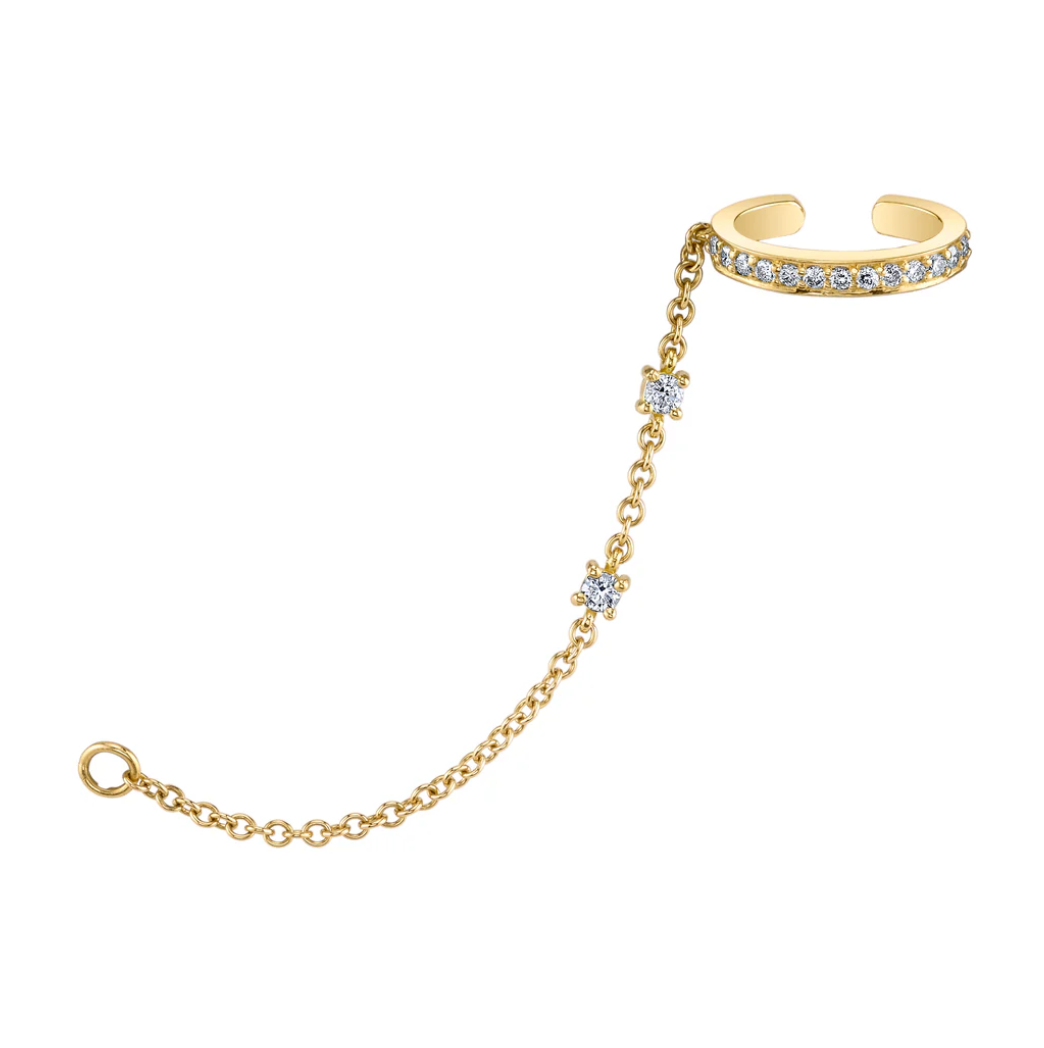 Single Row Diamond Ear Cuff With Diamond Chain