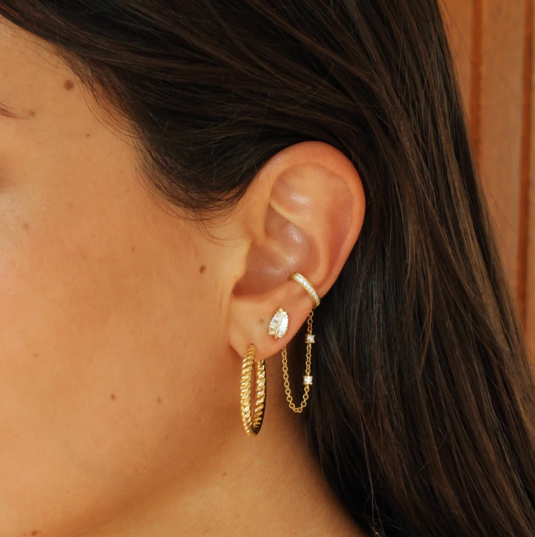 Single Row Diamond Ear Cuff With Diamond Chain