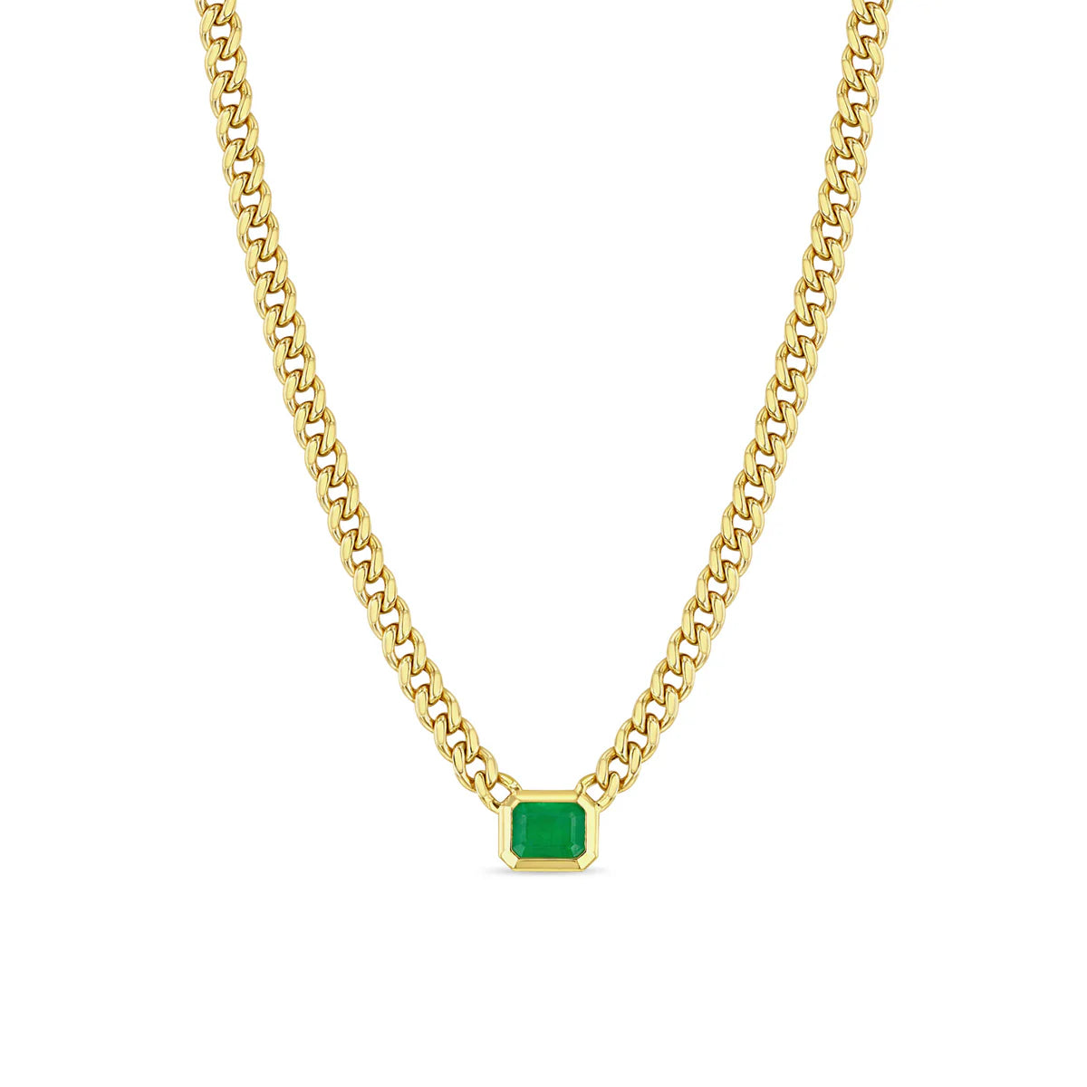 14k Emerald Cut Emerald Bezel Medium Curb Chain Necklace