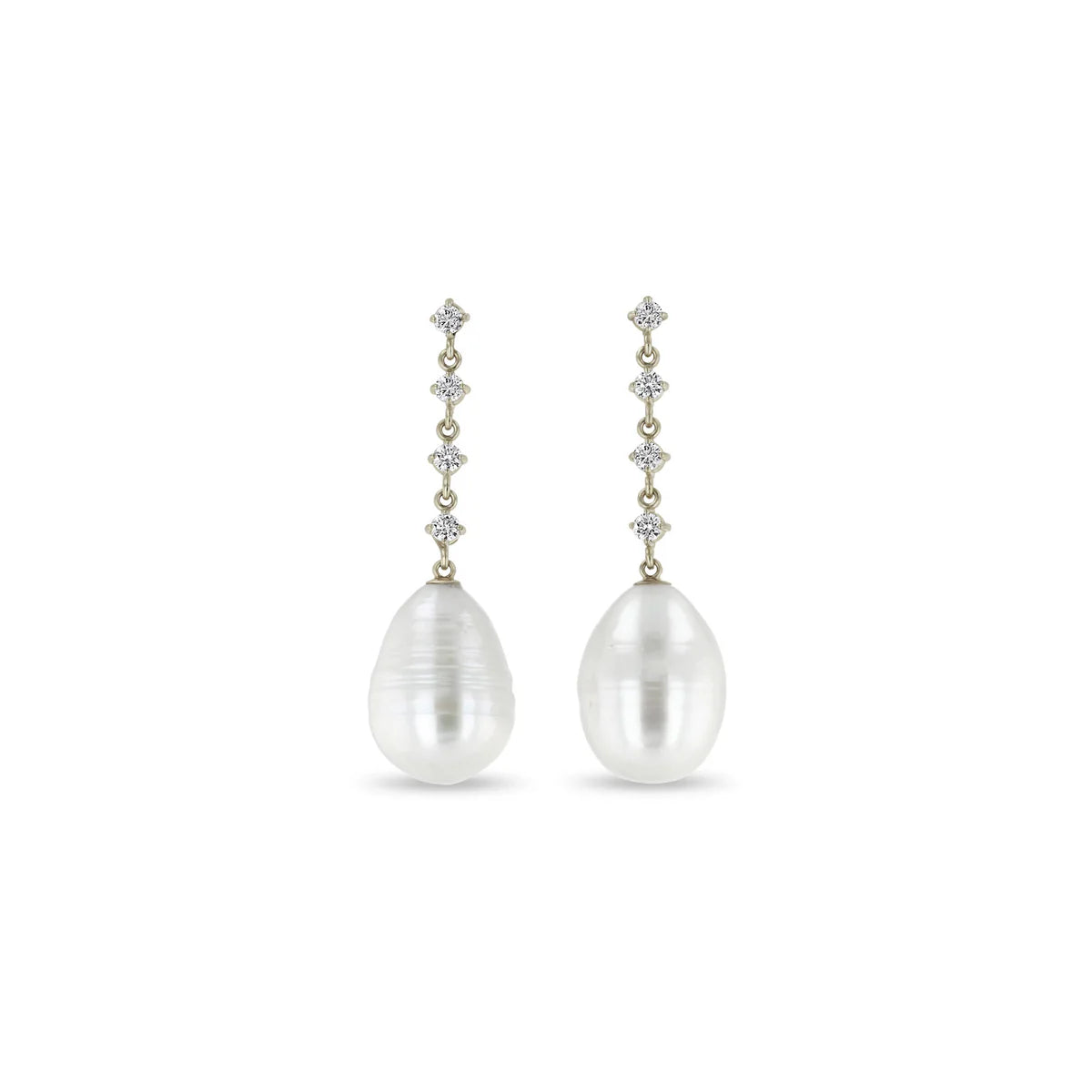 14k Linked Prong Diamond & Baroque Pearl Drop Earrings