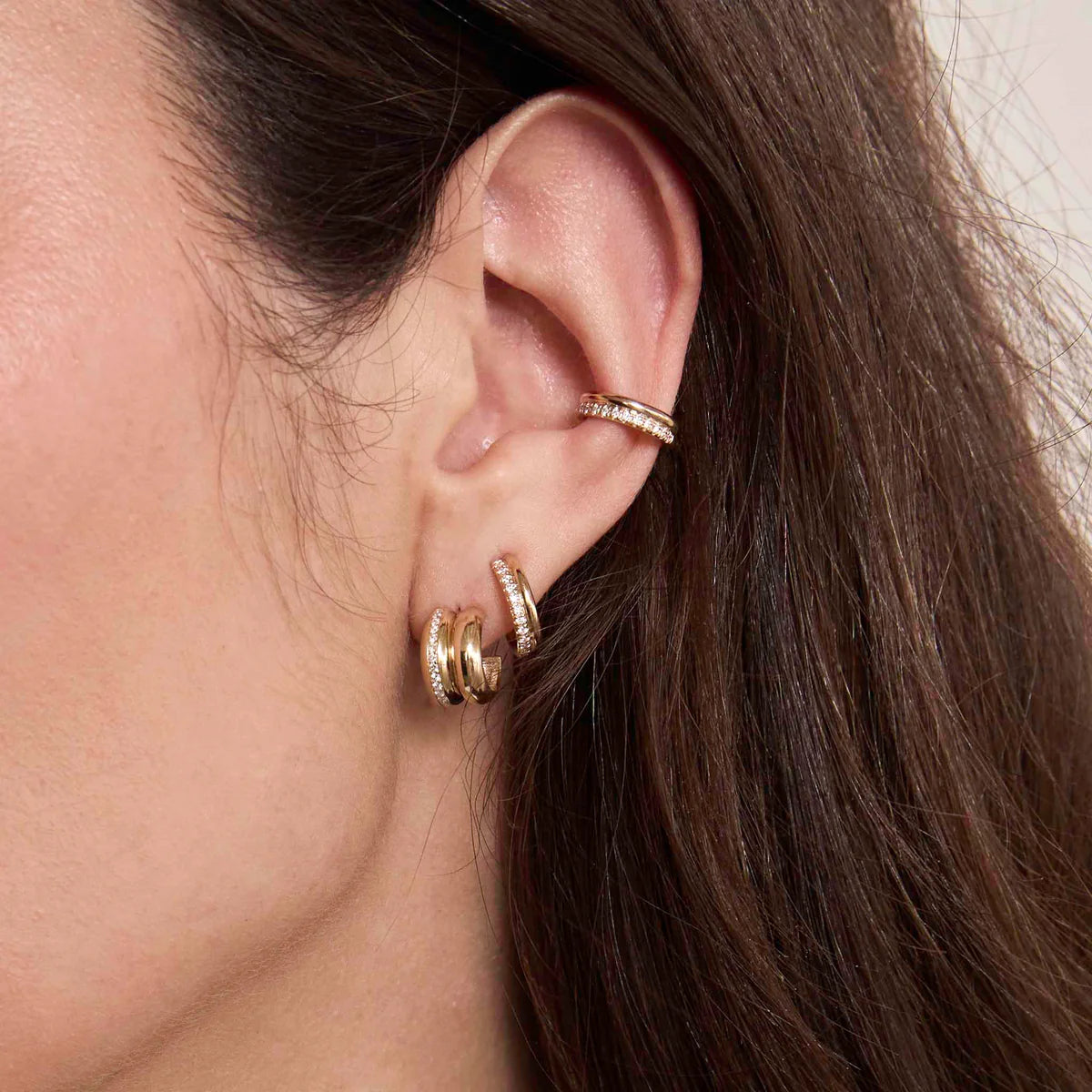 14k Gold & Pavé Diamond Line Double Chubby Huggie Hoops