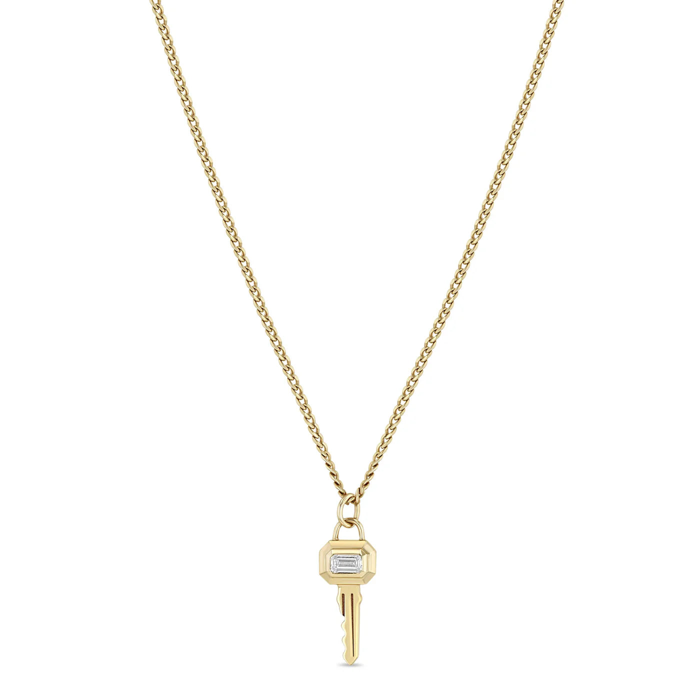 14k Emerald Cut Diamond Bezel Key Pendant Necklace
